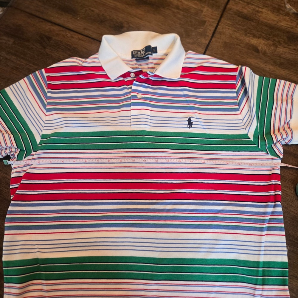 Polo Ralph Lauren Mens Large Pima Cotton Striped Polo Shirt Red Green Blue White - Picture 7 of 7